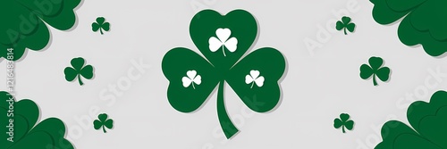 A minimalist saint Patrick's day poster with a paper cut-out theme. There is a large green shamrock with three small white shamrocks inside it. The background is white.
