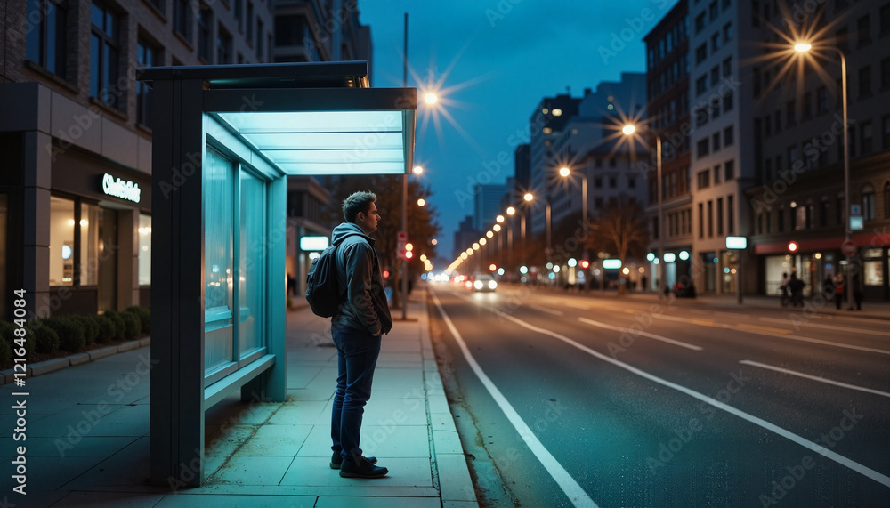 Solitary person waiting at urban bus stop in evening cityscape, calm mood Solitary person waiting at urban bus stop in evening cityscape, calm mood