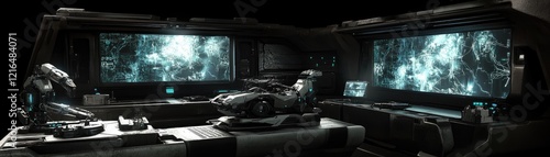 Futuristic control room; screens display data; vehicle model on desk; dark background.  Gaming concept