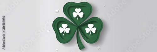 A creative minimalist Saint Patrick's Day poster design with a paper cut-out theme. The poster features a large green shamrock with three white clovers. The shamrock is made from multiple layers