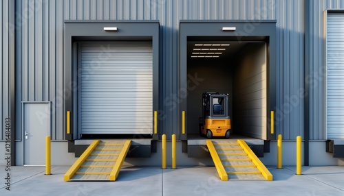 Modern loading dock with hydraulic dock levelers, lift tables. Yellow ramps assist forklift transport of goods. Industrial facility for efficient cargo handling, loading. Image of shipping terminal photo