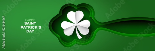 A creative minimalist Saint Patrick's Day poster design with a paper cut-out theme. The poster has a green background with white text that says 