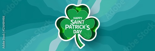 A creative minimalist Saint Patrick's Day poster design with a paper cut-out theme. There is a large green shamrock with a white border. The shamrock is made of multiple smaller shamrocks. 