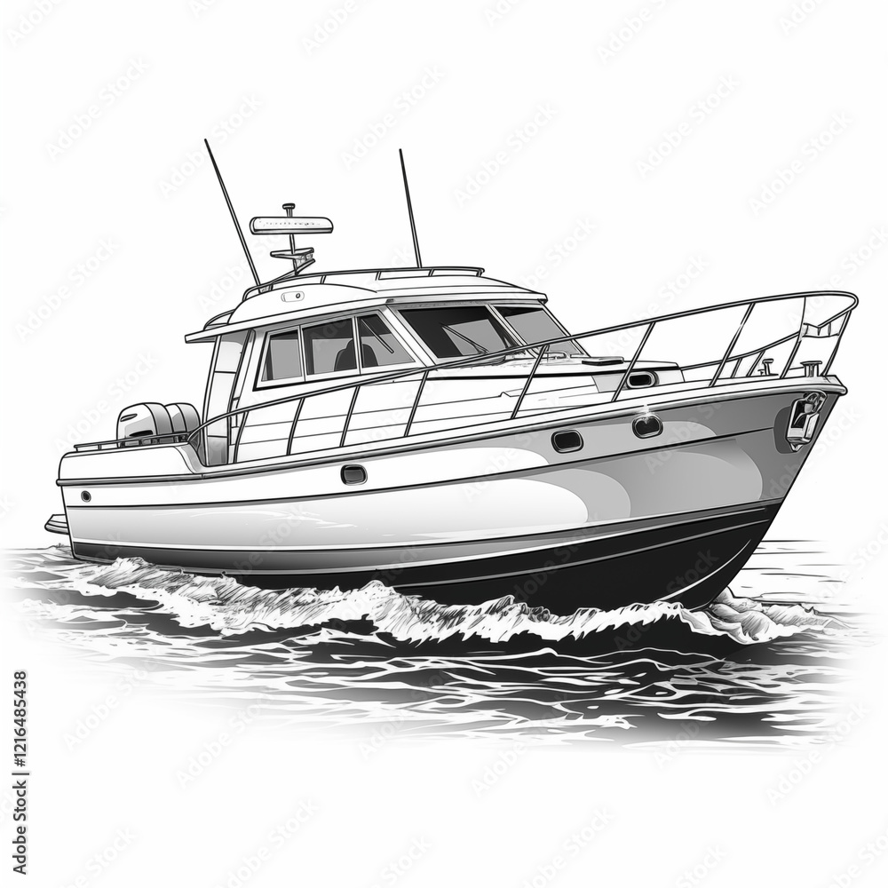 Naklejka premium Motor boat sailing on water, river, sea, angle view, icon, black and white sketch highlighted on a white background, picture, image for printing on a T-shirt, background, without people
