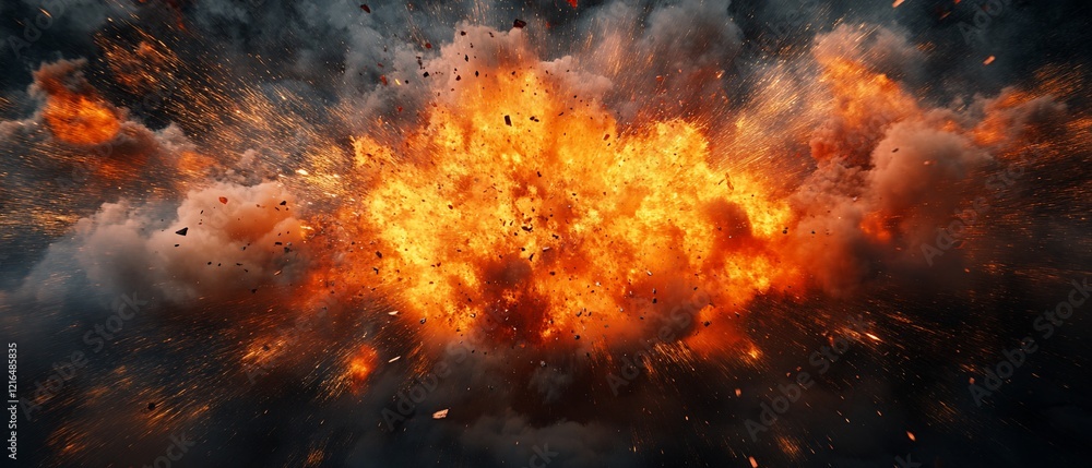 Fiery blast with flying debris in dark background for impact illustration use Fiery blast with flying debris in dark background for impact illustration use
