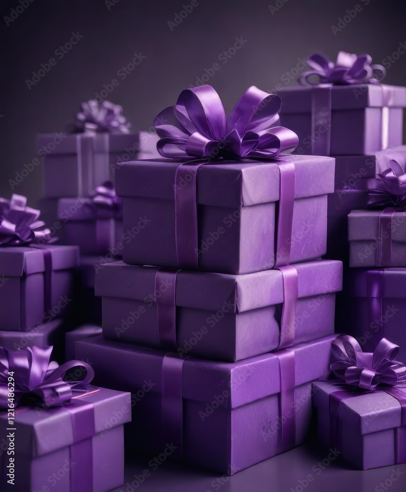 A soft, velvety background with a stack of intricately wrapped purple gift boxes, purple gift boxes, festive atmosphere A soft, velvety background with a stack of intricately wrapped purple gift boxes, purple gift boxes, festive atmosphere
