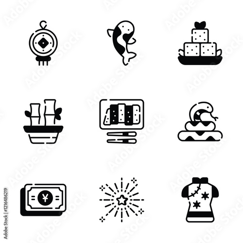 A set of icons, each representing a different aspect of Chinese culture and traditions.