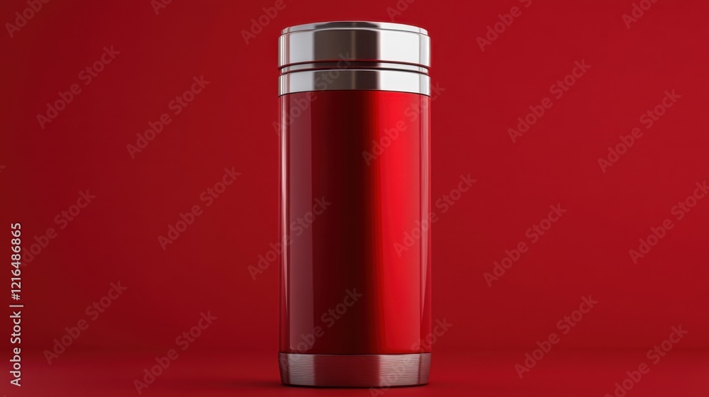 Sleek modern oxygen cylinder with metallic details on a bright red gradient. Sleek modern oxygen cylinder with metallic details on a bright red gradient.