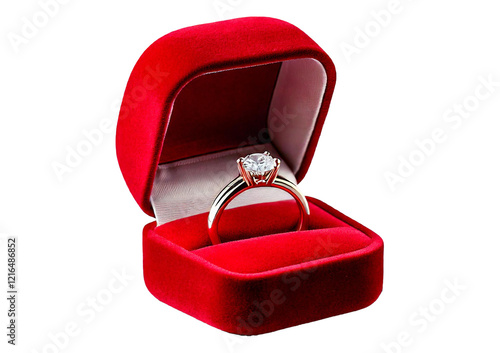 A red velvet ring box with a diamond engagement ring inside, isolated on transparent or white background photo