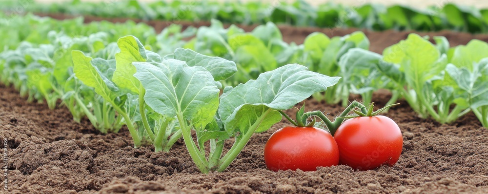 Red tomatoes ripening in a farm field. Rows of plants in background. Healthy food Red tomatoes ripening in a farm field. Rows of plants in background. Healthy food