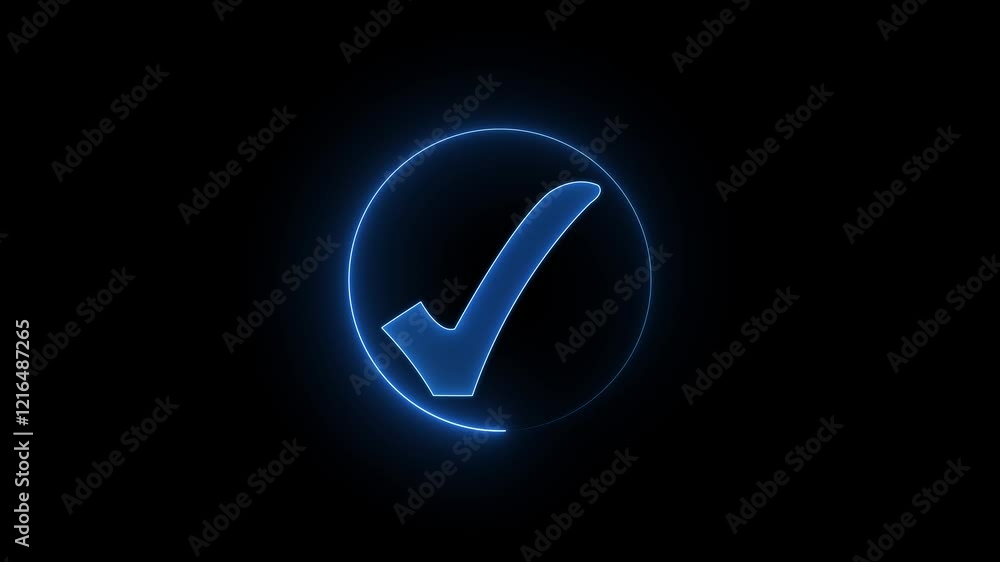 glowing Neon completed check mark icon. A checkmark icon usually appears as a colorful tick or check symbol. neon check mark icon animation on black background. glowing Neon completed check mark icon. A checkmark icon usually appears as a colorful tick or check symbol. neon check mark icon animation on black background.