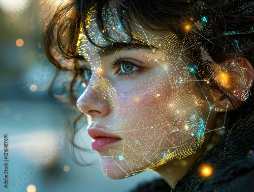 Futuristic digital art portrait showcasing a woman's face illuminated with geometric patterns and holographic elements during a technological exploration