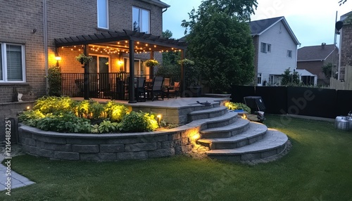 Evening Ambiance Backyard Oasis: Illuminated Patio Design with Stone Steps and Lush Landscaping