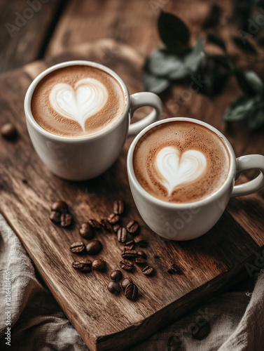 Two coffee cups with heart latte heart for valentine background. Generative Ai.

