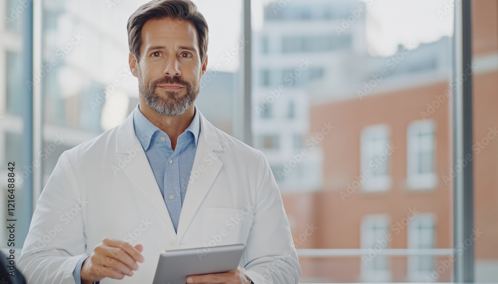 Fototapeta premium A healthcare professional in a lab coat stands confidently, holding a clipboard in a modern medical office setting with large windows.