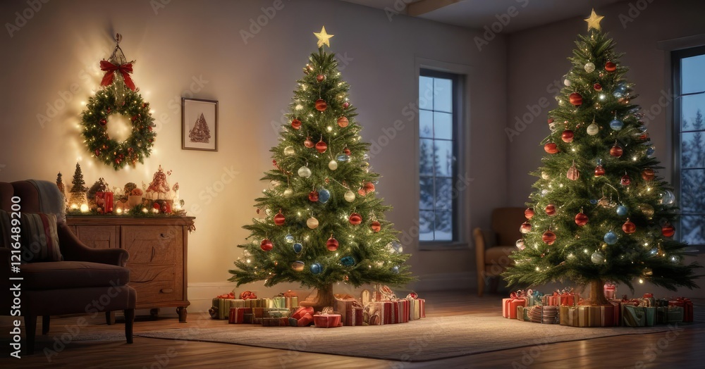 A Christmas tree filled with ornaments and lights, festive lights, holiday decorations A Christmas tree filled with ornaments and lights, festive lights, holiday decorations