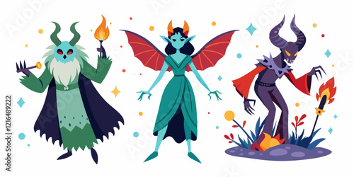 Fantasy creatures collection for halloween design on white background