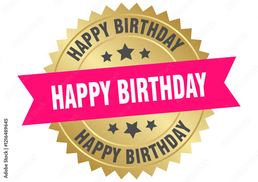 happy birthday. happy birthday round pink and gold label isolated on transparent background happy birthday. happy birthday round pink and gold label isolated on transparent background