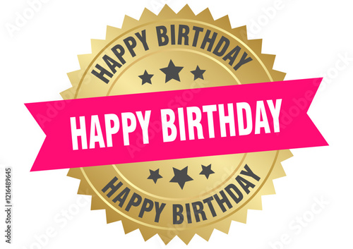 happy birthday. happy birthday round pink and gold label isolated on transparent background