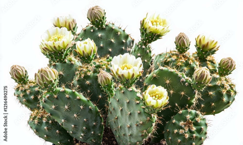 Decorative green prickly cacti with blossoms and spikes isolated on a white background. Icons of houseplants and garden cactaceae. Decorative green prickly cacti with blossoms and spikes isolated on a white background. Icons of houseplants and garden cactaceae.