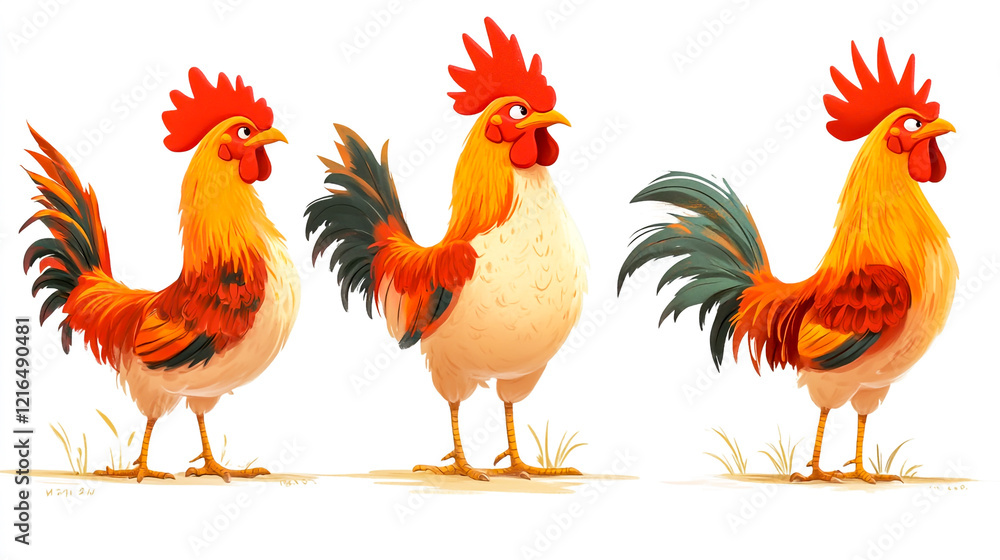 Fototapeta premium Three different chicken poses isolated on a white background with written all over the image
