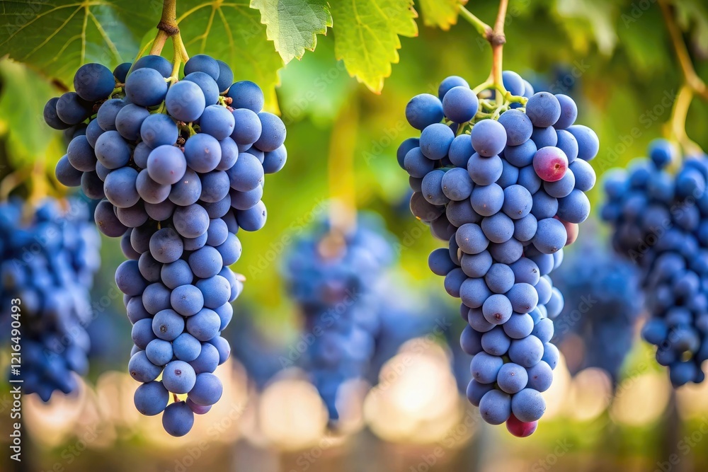 A cluster of indigo-colored grapes hanging from a vine, natural, verdant, garden, fruit A cluster of indigo-colored grapes hanging from a vine, natural, verdant, garden, fruit