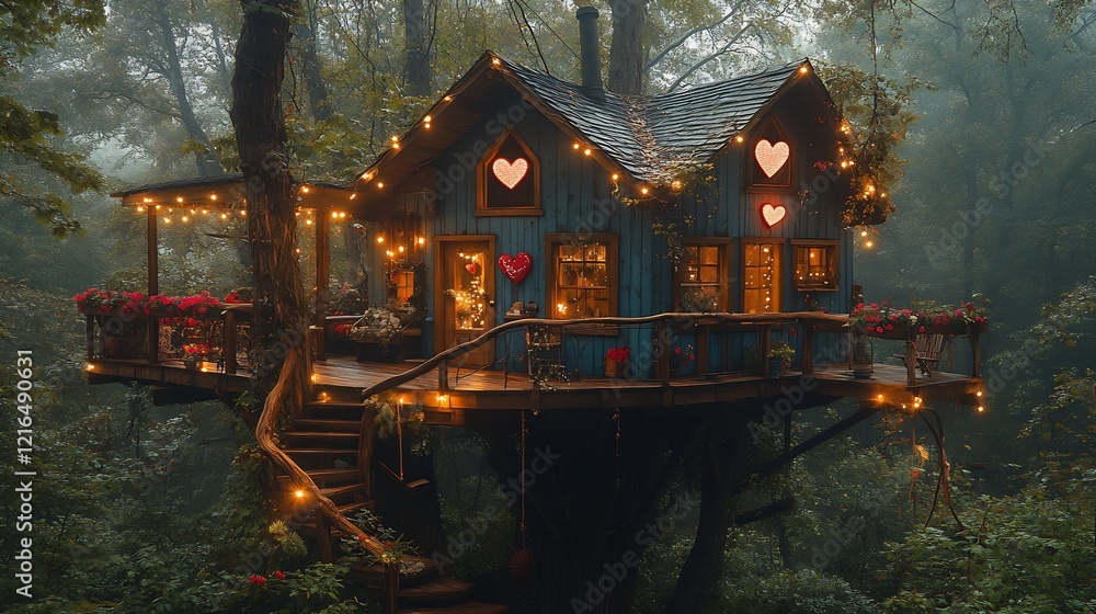 Obraz premium Whimsical Valentines Day treehouse retreat with heart shaped string lights a cozy balcony decorated with pink and red flowers and a view of the surrounding forest