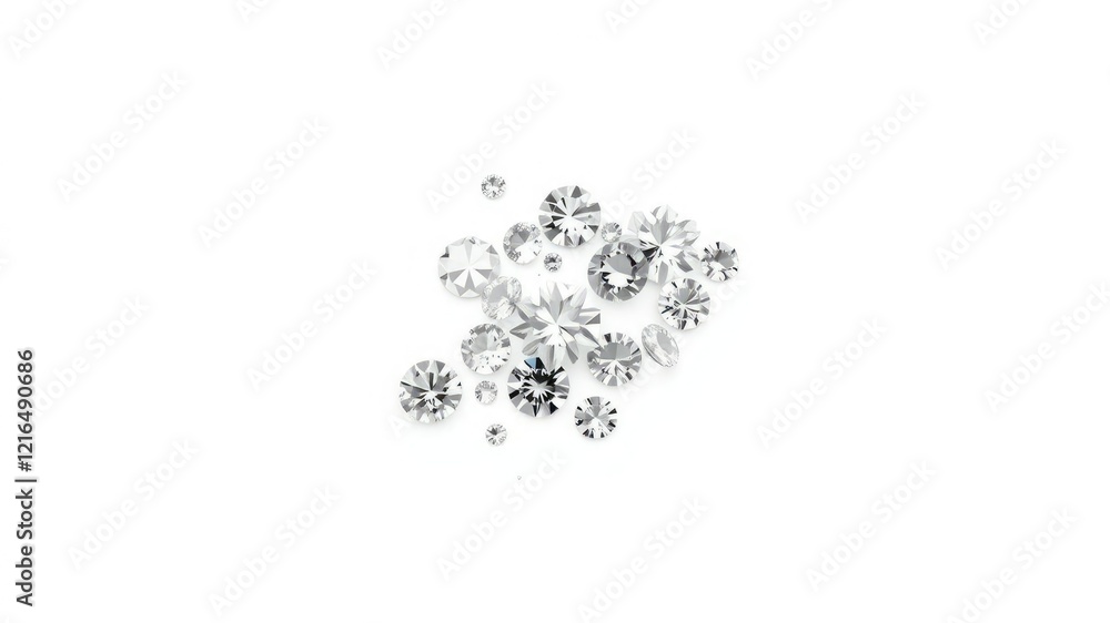 A cluster of sparkling diamonds on a pristine white background, subtle shine, high end A cluster of sparkling diamonds on a pristine white background, subtle shine, high end