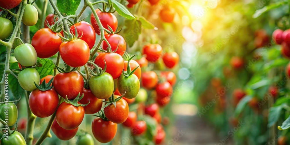 A cluster of tomato plants with green leaves and red tomatoes on a trellis or support structure, landscape, fruit, produce A cluster of tomato plants with green leaves and red tomatoes on a trellis or support structure, landscape, fruit, produce