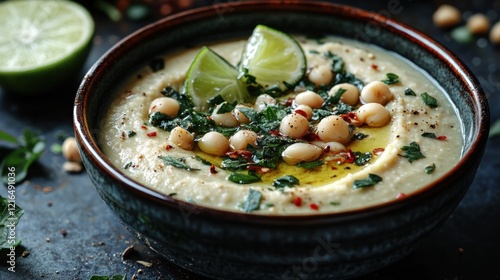 Creamy hummus bowl, lime, herbs, dark background, food blog photo