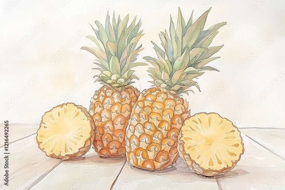 Watercolor Painting of Two Whole Pineapples and Two Slices Watercolor Painting of Two Whole Pineapples and Two Slices