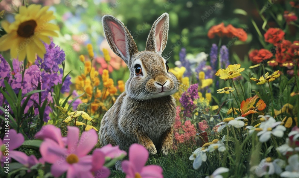 Cute rabbit surrounded by colorful flowers in a vibrant spring garden setting Cute rabbit surrounded by colorful flowers in a vibrant spring garden setting
