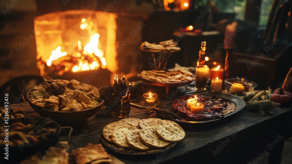 Naklejka premium A cozy autumnal gathering around a fireplace, with a variety of food and drinks.