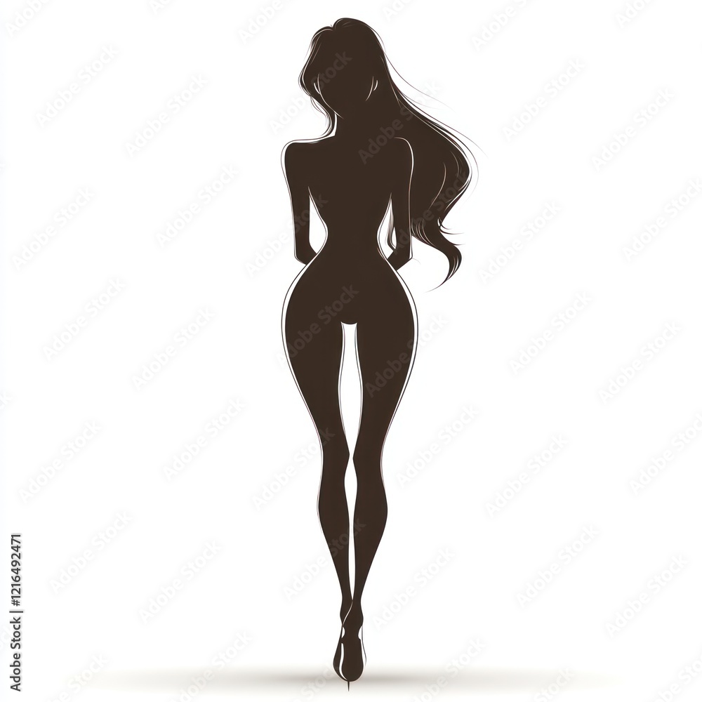Woman's back silhouette, long hair, studio, white background, fashion design. Woman's back silhouette, long hair, studio, white background, fashion design.