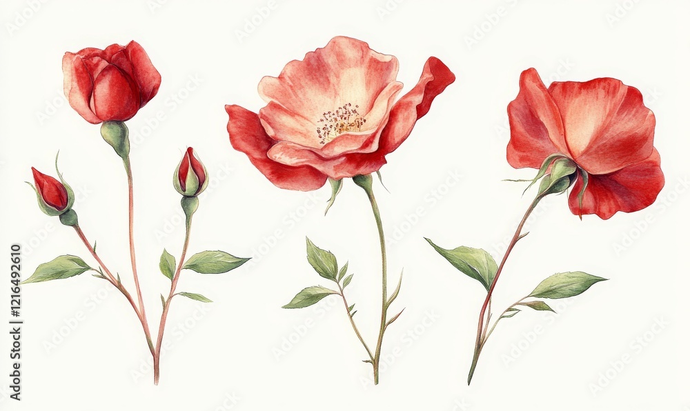 Delicate rose flower clipart with thin red petals and green stem, summer, blossoms, garden flowers Delicate rose flower clipart with thin red petals and green stem, summer, blossoms, garden flowers