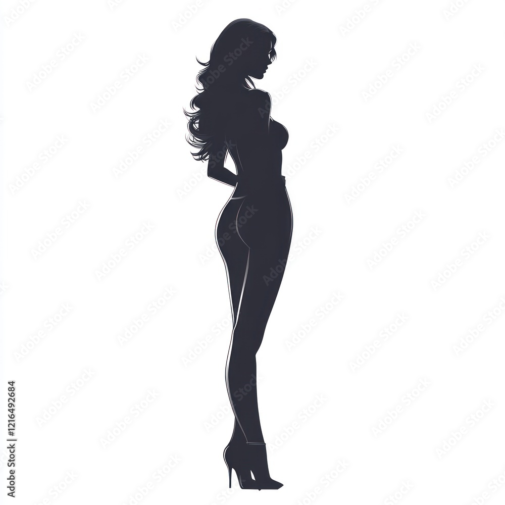 Elegant woman silhouette, profile view, white background, fashion design. Elegant woman silhouette, profile view, white background, fashion design.
