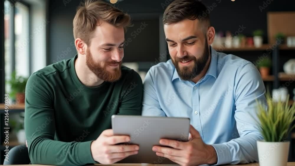 Two Happy Men Sharing a Tablet in a Modern Cafe, Engaged in a Friendly Conversation while Enjoying Coffee and Each Other's Company Two Happy Men Sharing a Tablet in a Modern Cafe, Engaged in a Friendly Conversation while Enjoying Coffee and Each Other's Company
