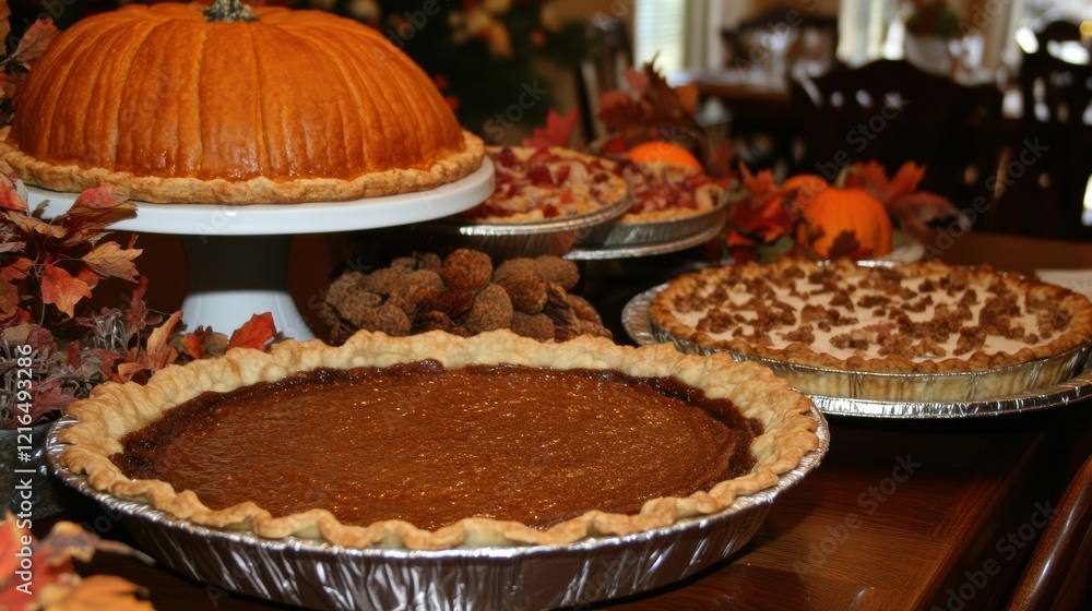 The image depicts a festive autumn scene centered around a table laden... The image depicts a festive autumn scene centered around a table laden...