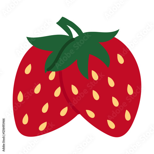 Fresh sweet strawberries are steamed. A group of two whole red berries with seeds. Hand-painted summer strawberries in a fashionable flat style, highlighted for design. Vector illustration