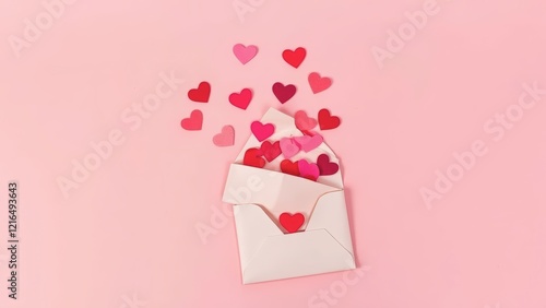 A red and pink heart shaped piece of paper comes out of a white envelope on pink background. Generative AI