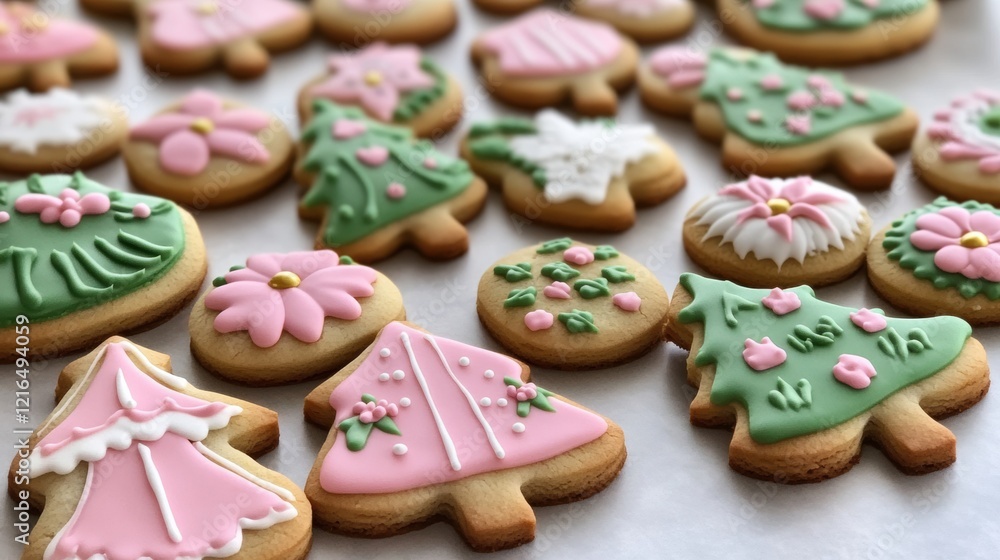 A collection of festive Christmas-themed cookies, featuring various shapes and colors. A collection of festive Christmas-themed cookies, featuring various shapes and colors.