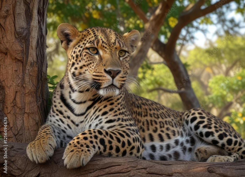 Obraz premium A large wild leopard resting its body against a marula tree trunk, savannah, lean