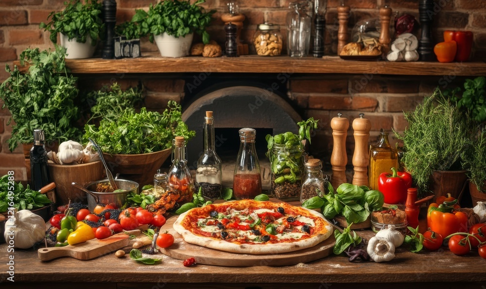 Delicious pizza being prepared in a rustic kitchen with a brick oven and fresh ingredients Delicious pizza being prepared in a rustic kitchen with a brick oven and fresh ingredients