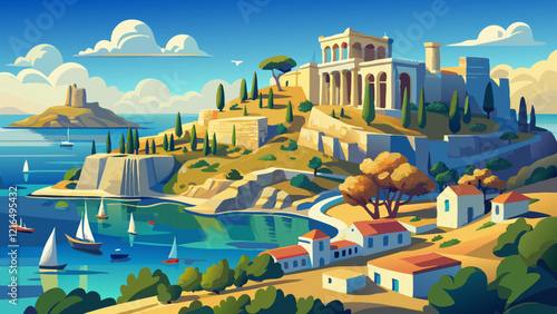 Lindos – panoramic view of St. Paul bay with acropolis of Lindos in background (Rhodes, Greece)