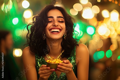 Joyful celebration with woman in green attire holding festive tr photo