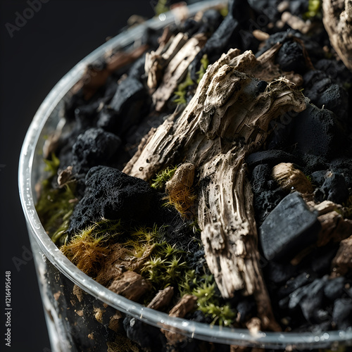 
Glass round flower pot with imitation orchid substrate, including bark, charcoal and sphagnum moss on a black background. photo