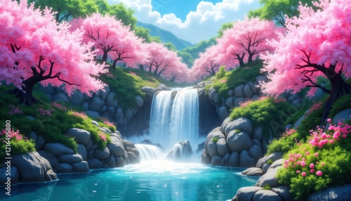 Serene waterfall cascading into tranquil pool surrounded by blooming sakura trees, vibrant flowers. Plants, big rocks create picturesque landscape. Idyllic garden setting. Peaceful atmosphere. Nature