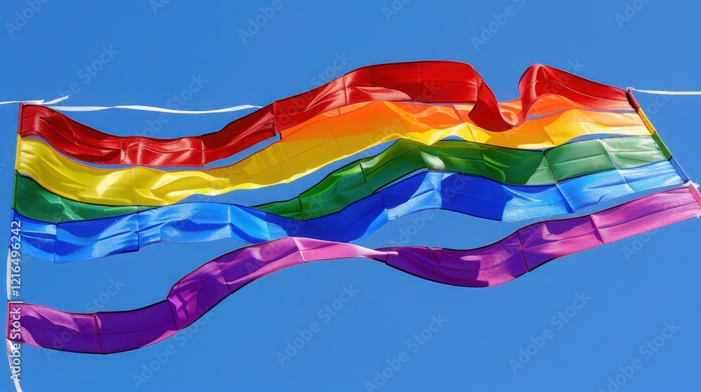 Fototapeta premium Colorful Kite Made From Bamboo and Paper Flying High in a Clear Blue Sky During a Traditional Festival Celebration