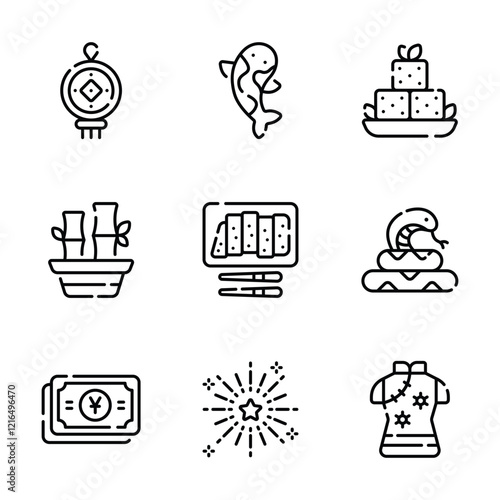 A set of icons, each representing a different aspect of Chinese culture and traditions.