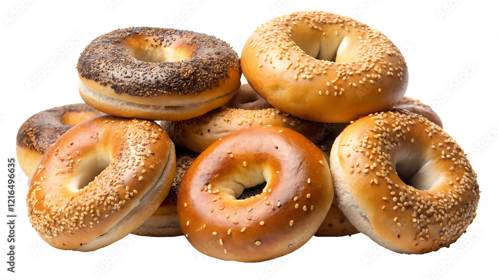 Freshly baked bagels topped with sesame and poppy seeds isolated on transparent or white background. Freshly baked bagels topped with sesame and poppy seeds isolated on transparent or white background.